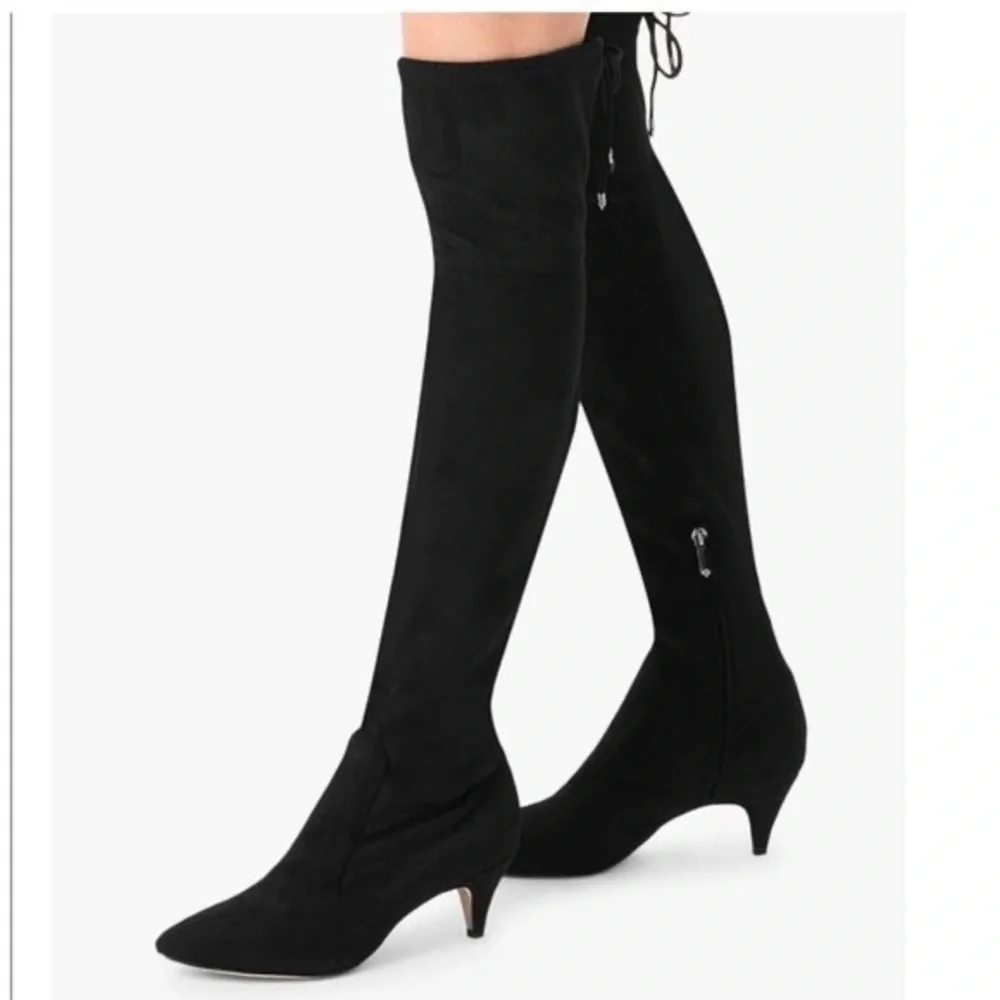 Sam Edelman Kristie Over The Knee Black Suede Kitten Heel Zip Up Point Toe Boots - Picture 9 of 16